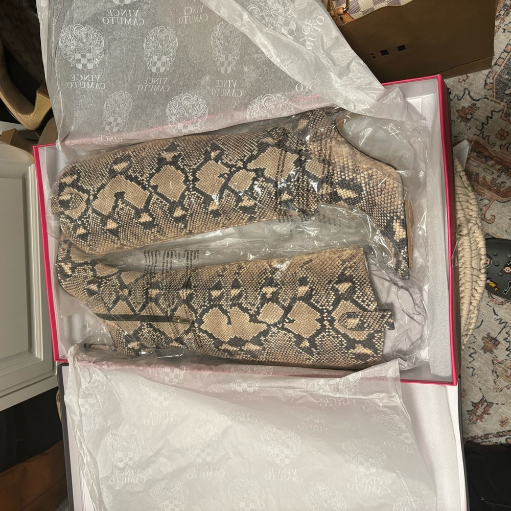 Vince Camuto snake print high heel boots